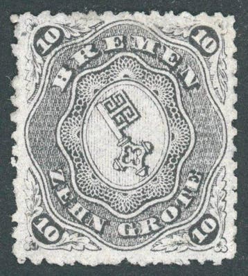 Bremen 1863 - ongebruikte 10 Gr. zwart doorstoken Mi.Nr. 8, Gestempeld