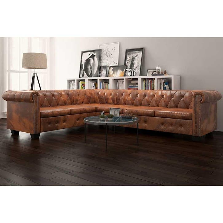 vidaXL Chesterfield hoekbank 6-zits kunstleer bruin, Huis en Inrichting, Banken | Bankstellen, Minder dan 150 cm, Hoekbank, Vierpersoons of meer