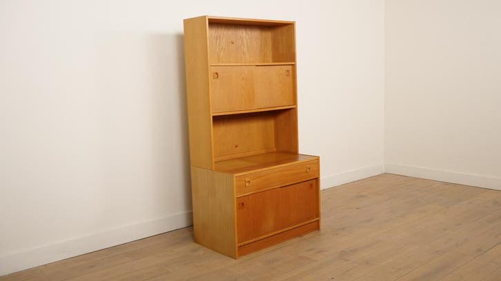 Vintage wandkast | Boekenkast | Eiken | Schuifdeuren, Huis en Inrichting, Kasten | Wandmeubels, Ophalen of Verzenden
