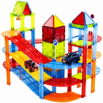Magnetic Tiles Racebaan - 126 Stuks - Zelfrijdende Autos -, Kinderen en Baby's, Speelgoed | Bouwstenen, Verzenden, Zo goed als nieuw