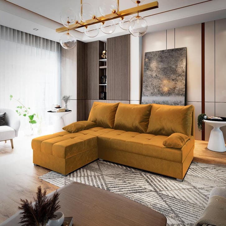 *SALE* Slaapbank/Hoekbank met opbergruimte Rio Okergeel €449, Huis en Inrichting, Banken | Bankstellen, 200 tot 250 cm, 75 tot 100 cm