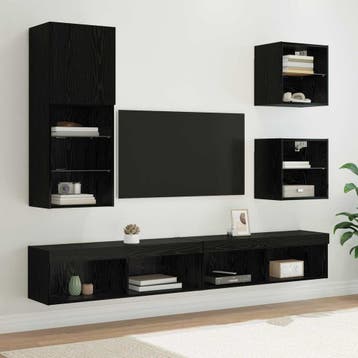vidaXL TV Wand Eenheden met LED 5 pcs Zwart Eiken Bewerkt, Minder dan 50 cm, Verzenden, Nieuw, Minder dan 100 cm