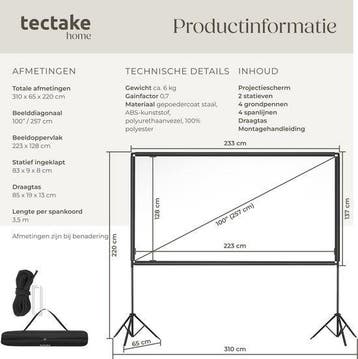 2dekans | tectake® Beamer Scherm - 100 Inch (257 cm) - 16:9, Ophalen of Verzenden, Zo goed als nieuw, Tectake