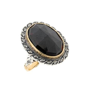 Goud met zilveren ring met granaat en diamanten; Ca. 0,20..., Gebruikt, Ophalen of Verzenden, 17 tot 18, Met edelsteen