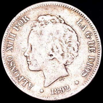 Spanje. Alfonso XIII. 5 Pesetas 1892 Madrid PGM (Zonder