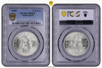 Koningin Juliana zilveren 2 1/2 gulden 1959 MS65 PCGS, Postzegels en Munten, Munten | Nederland, Verzenden, Koningin Juliana, Losse munt