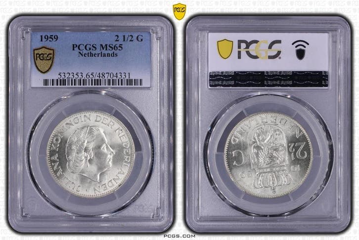 Koningin Juliana zilveren 2 1/2 gulden 1959 MS65 PCGS, Postzegels en Munten, Munten | Nederland, Losse munt, Koningin Juliana
