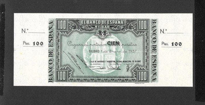 Spanje. - 100 Pesetas 1937 - Banco de España, Bilbao - Con, Postzegels en Munten, Bankbiljetten | Europa | Niet-Eurobiljetten