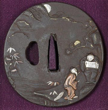 Tsuba (235 g) - maanverlicht landschap met geleerden,
