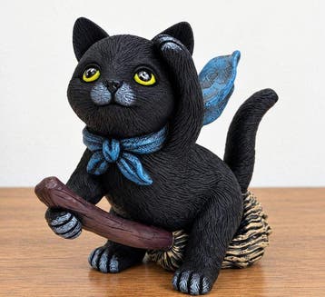 sculptuur, Whimsical Black Cat on Broomstick Anime Style
