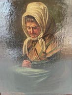 Belgische school (XIX) - Portret schilderij van een oude