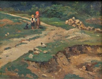 Paul Paede (1868-1929), 2 kinderen en een hond op zandpad