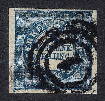 Denemarken 1852 - Wapen 2 Ringbankskilling blauwe ringen 1, Postzegels en Munten, Postzegels | Amerika, Gestempeld