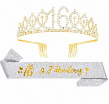 16 & Fabolous set met diadeem en sjerp deLuxe zilver en goud, Verzenden, Nieuw, Versiering, Verjaardag