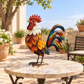 Vintage Colorful Rooster Sculpture - sculptuur, Handcrafted
