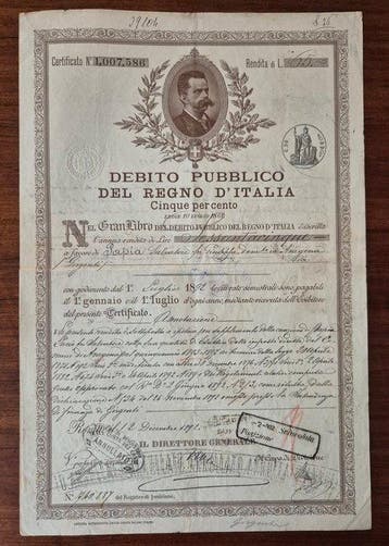 Italië. 65 Lire 1892 Debito Pubblico Regno dItalia