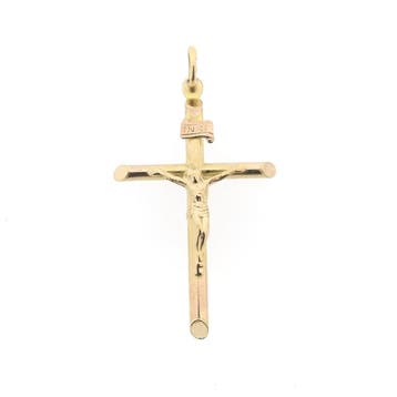 Gouden hanger van een kruis met corpus; INRI, Ophalen of Verzenden, Gebruikt, Goud, Overige merken