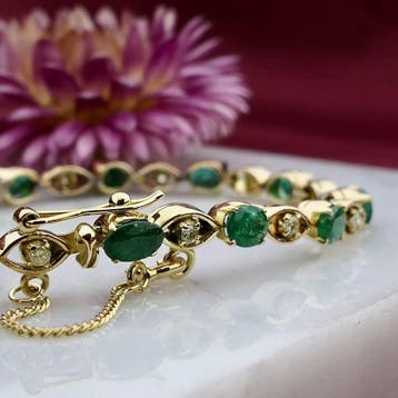 Gouden tennisarmband met smaragd en diamanten; 0,30 ct., Gebruikt, Ophalen of Verzenden, Met edelsteen, Goud