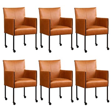 Set van 6 Leren eetkamerstoelen More - Vintage Cognac, Ophalen of Verzenden, Nieuw, Leer