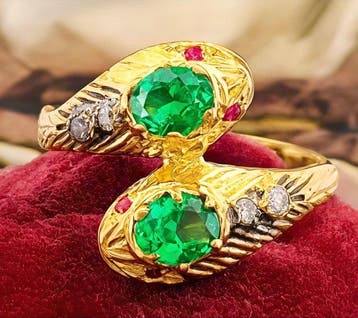 Zonder minimumprijs - Ring - 9 kt. Geel goud, Zilver Smaragd, Sieraden, Tassen en Uiterlijk, Nieuw