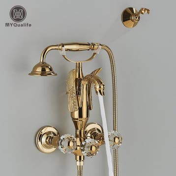 Luxe Gouden Zwanen Douchekraan Set met Baduitloop en Kristal, Verzenden, Nieuw