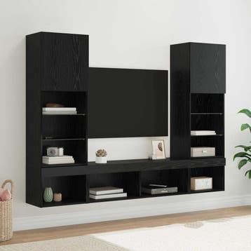 vidaXL TV Wand Eenheden met LED 5 st Zwart Eiken Bewerkt, Minder dan 50 cm, Verzenden, 100 tot 150 cm, Nieuw