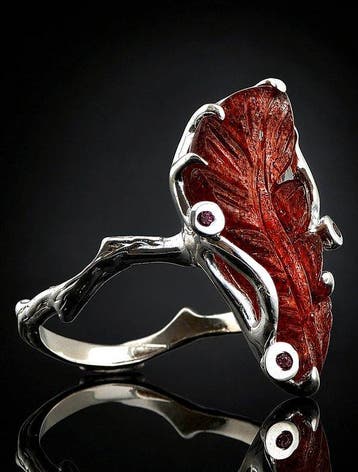 Aardbei Kwarts Blad Ring - 925 Sterlingzilver - Handgesneden