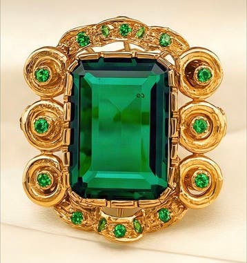Zonder minimumprijs - Ring - 9 kt. Geel goud, Zilver Smaragd, Nieuw