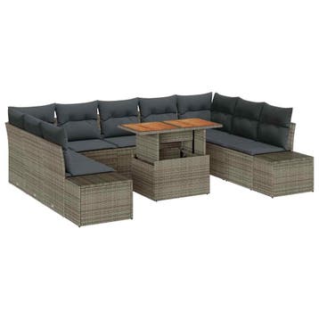 vidaXL Tuin Eetset met kussen 10 pcs Grijs en Bruin, Tuin en Terras, Tuinsets en Loungesets, Verzenden, Nieuw, Rotan, Meer dan 8 zitplaatsen
