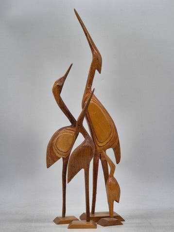 Figuur - Hout, Vier reigers van verschillende grootte.