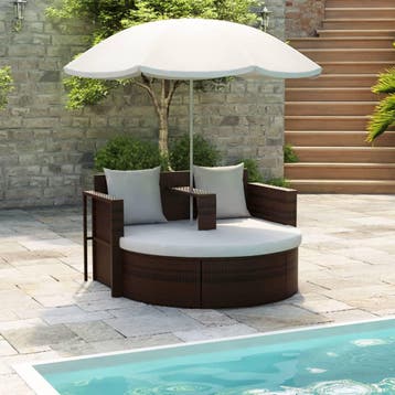 vidaXL Tuinbed met parasol poly rattan bruin, Verzenden, Nieuw
