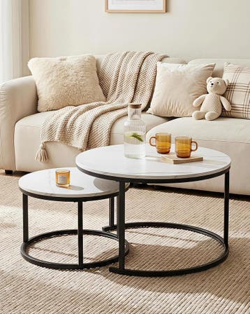 Salontafel rond - Koffietafel - Set van 2 - Wit/Zwart - Amve, Verzenden, Zo goed als nieuw