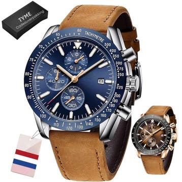 Tyme Florence Heren Horloge - 45mm Blauw/Bruin - Horloges, Ophalen of Verzenden, Zo goed als nieuw