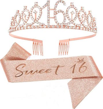 16 & Fabolous set met diadeem en sjerp deLuxe zilver en goud, Verzenden, Nieuw, Versiering, Verjaardag