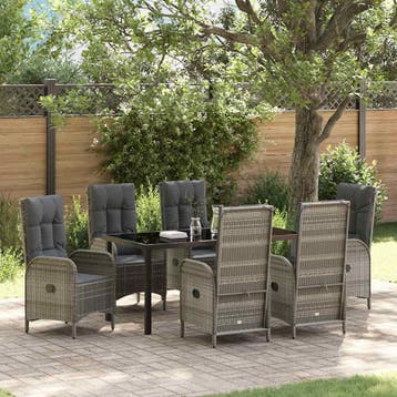 vidaXL Tuin eettafelset met kussen 7 pcs Grijs poly rattan, Tuin en Terras, Tuinsets en Loungesets, Verzenden, Nieuw, Rotan, 7 zitplaatsen