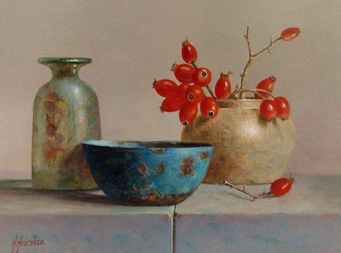 H. Habraken (1946) - Stilleven met rozebottels, Antiek en Kunst, Kunst | Schilderijen | Klassiek