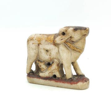 India Veelkleurig marmer Heilige koe met kalf (Gomata, Antiek en Kunst
