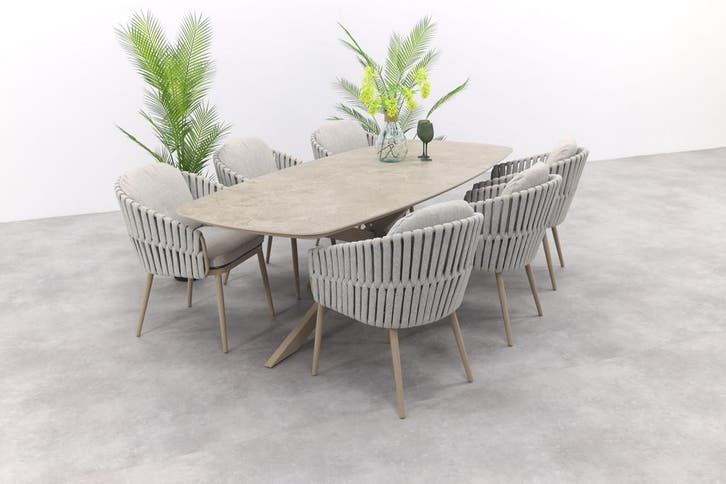 Taste Eva/Prado deens ovale tuinset (7-delig) - Latte, Tuin en Terras, Tuinsets en Loungesets, Tuinset, Nieuw, Rvs, Verzenden