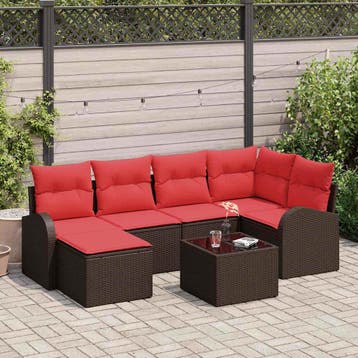 vidaXL Bankstel 7 st Bruin en Rood poly rattan, Tuin en Terras, Verzenden, Nieuw, Rotan, 7 zitplaatsen