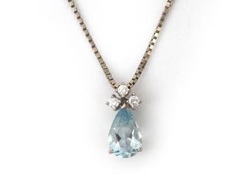 14 krt. witgouden collier met aquamarijn en diamant hanger, Gebruikt