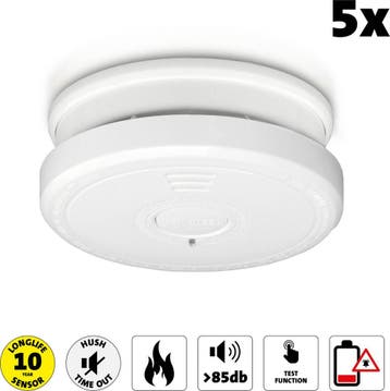 Rookmelder 10 Jaar batterij - EN 14604 - 5 stuks - Wit - Ale, Verzenden, Zo goed als nieuw