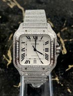 Cartier Santos - White Dial - Large- Iced Out - Diamonds, Overige merken, Staal, Staal, Polshorloge