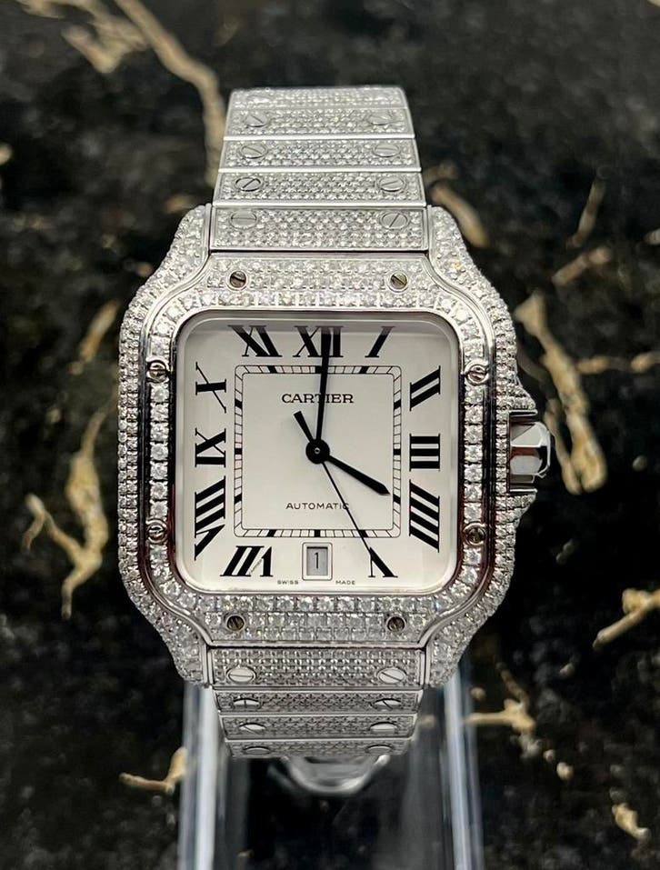 Cartier Santos - White Dial - Large- Iced Out - Diamonds, Sieraden, Tassen en Uiterlijk, Horloges | Heren, Staal, Nieuw, Staal