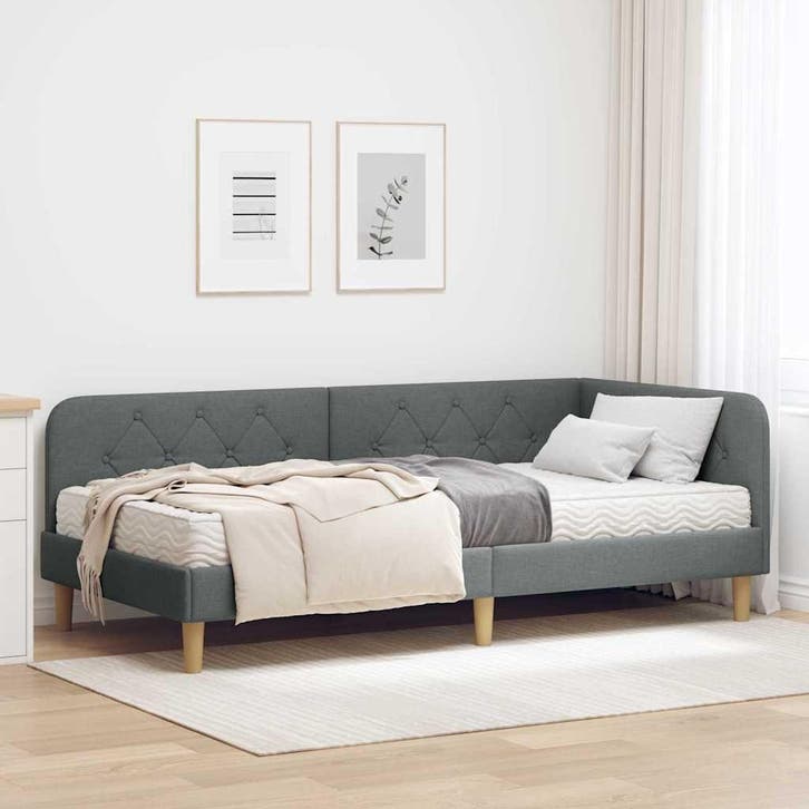 vidaXL Hoekbedframe Donkergrijs 90 x 190 cm Stof, Huis en Inrichting, Slaapkamer | Bedden, Grijs, Nieuw, Stof, Verzenden