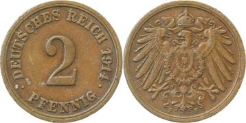 Duitsland 2 Pfennig 1914f ss+ kl Rf 10 000 Auflage J 011, Verzenden