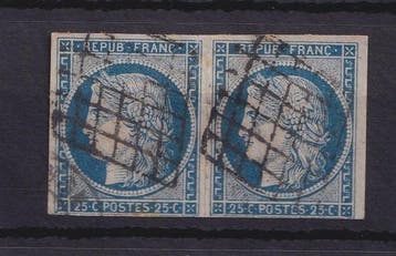 Frankrijk 1850 - Paar met datumstempel Type 15 en rooster -, Gestempeld