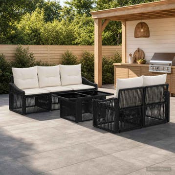 vidaXL Tuinbankenset 6 st Zwart en Cream Wit poly rattan, Verzenden, Nieuw