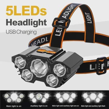 Krachtige 5 LED Hoofdlamp met Ingebouwde Batterij - USB Opla, Verzenden, Nieuw