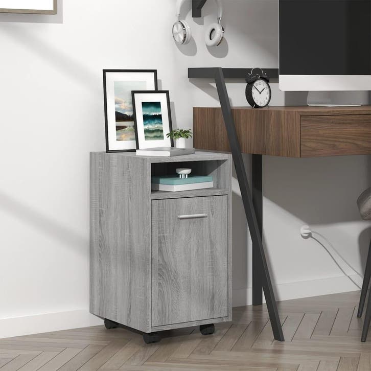 vidaXL Bijzetkast met wielen 33x38x60 cm bewerkt hout grijs, Huis en Inrichting, Kasten | Overige, Nieuw, Verzenden