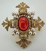 Kenneth Jay Lane - Verguld, Parelclusters Byzantijnse kruis, Antiek en Kunst